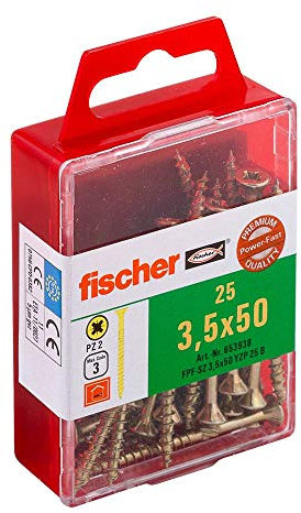 Fischer 653938 Power-Fast Lot de 25 Vis à tête fraisée 3,5 x 50 mm TG PZ galvanisée Jaune