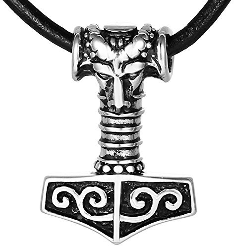 DonDon Collar de Cuero con Colgante Martillo de Thor de Acero Inoxidable para Hombres en Bolsa para Joyas