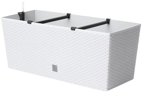 Blumentopf Blumenkasten Blumenkübel Pflanztopf Rechteckig Polyrattan Bewässerungssystem Wasserspeicher Wasserstandsanzeiger 4 Farben 2 Größen von rg-vertrieb (800 Weiß)