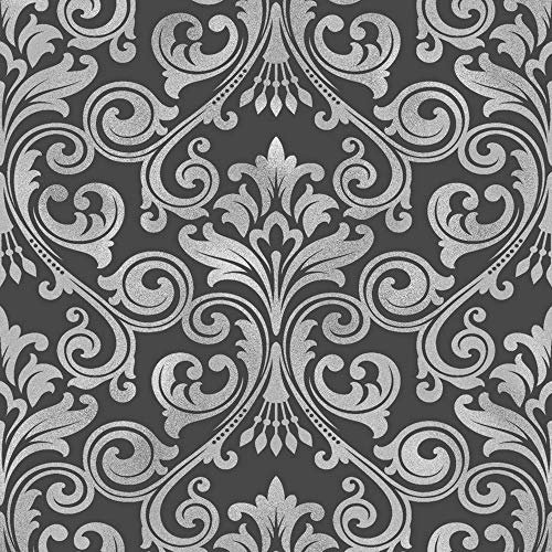 BHF FD41700 Wentworth Damask Wallpaper - Black/Silver (2-Piece)
