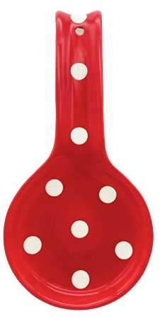 ACK Viva Collection, Red Polka Dot Hand Painted Ceramic Spoon Rest, Cooking Spoon Holder for Kitchen Counter, Utensil Rest for Spoon, Ladle, Spatula, Kitchen Décor
