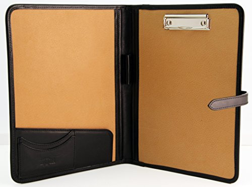 NODA Italienisches Echtes Leder Schreibmappe Dokumenten-Mappe Konferenzmappe A4 mit Klemmbrett (Schwarz)