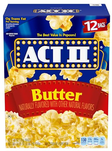 Act II Butter-Mikrowellen-Popcorn, 78 g, 12 Beutel | 3 g Ballaststoffe pro Portion; glutenfrei; Buttergeschmack; hergestellt aus 100 % Vollkornkernen; ideal für Filmabende und