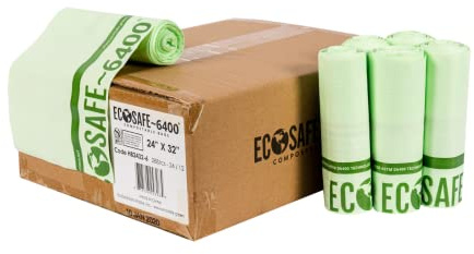 EcoSafe-6400 HB2432-6 Certified Compostable Bag - 24x32” Green Bags for 13 Gallon Bin - Extra Strong Leak, Puncture and Tear Resistant Food Scraps Bin Liners, Pack of 288