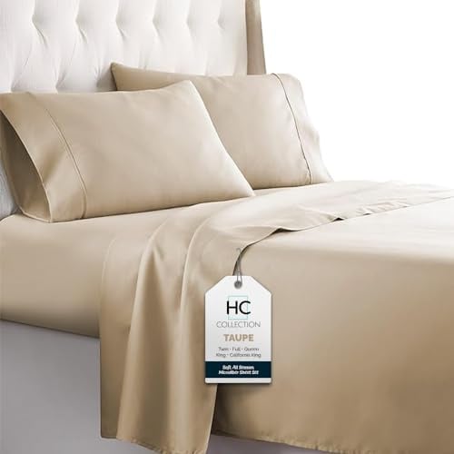 HC COLLECTION Bed Sheets Set King with 2 Pillowcases, Hotel Luxury Platinum 1800 Series Brushed Microfiber Sheet w/Deep Pocket, Ultra Soft Lightweight 4 Pcs Linen Bedding for Hot Sleepers, Taupe