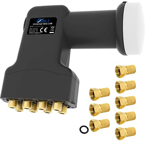 ARLI Universal Octo LNB 0.1 dB – 8 Teilnehmer mit Wetterschutz + 8X F-Stecker vergoldet 40 mm Feed HDTV 4K 8K DVB-S2
