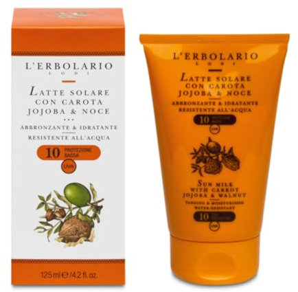 L'Erbolario Lait Solaire Visage Et Corps, Spf 10, Lait Solaire À La Carotte, Au Jojoba Et À La Noix, Bronzage Et Hydratation, Faible Protection, Résistant À L'Eau, Format : 125 Ml