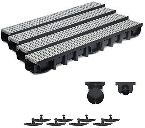 4m Entwässerungsrinne Belastungsklasse B125, 98mm komplett SET Stegrost Kunststoff (grau)