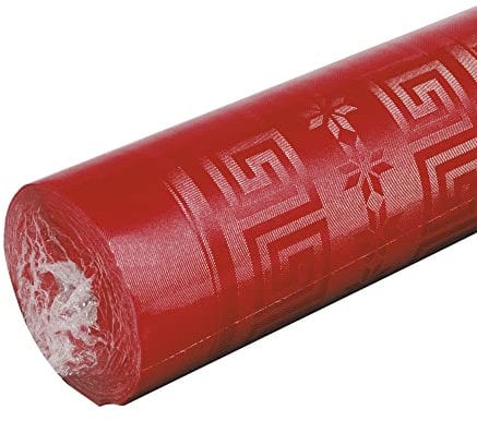 Pro Nappe - Réf R485021I - Nappe jetable en papier damassé en rouleau de 50 M de long X 1,18 M de large - Papier damassé au motif universel chic et classique - 166 couverts - Couleur rouge