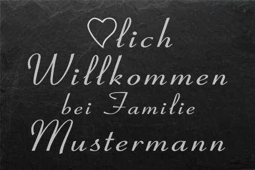 Schiefertafel mit wetterfester Lasergravur des Motives Willkommen-003 und Ihrem Text/Daten in der gewünschten Schriftart von LaserArt24