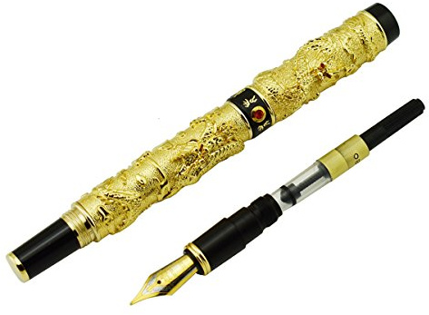 Deluxe Golden 3D Style, Classical Chinese Dragons Playing with the Pearl Carved 3D Fountain Pen Black with Push in Style Ink Converter Removable