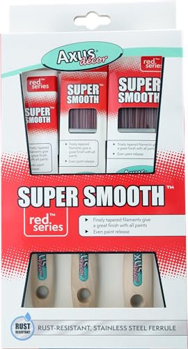 Axus Decor Super Smooth Brush Set (Red Series) For All Paints, Unvarnished, Hardwood, Beaver Tail handle, Rust-Resistant Stainless Steel Ferrule, Synthetic Filaments - Set Of 3 (1,1.5,2)