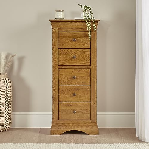 The Furniture Market French Louis Oak 5 Drawer Tallboy Wellington Chest of Drawers – Elegant French Styling with Ample Storage and Satin Lacquered Finish - H 1200 x W 540 x D 390mm