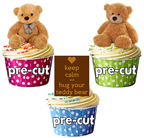 AK Giftshop Teddies Teddy Bears Cake Decorations - 12 Edible Wafer Cup Cake Toppers Birthdays Christenings