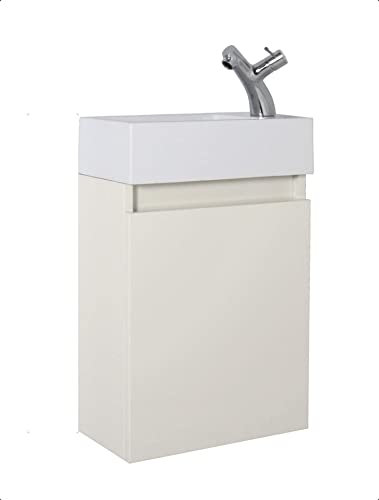 vanvilla Gäste-WC Badmöbel Set Waschplatz Mineralgussbecken Waschbecken mit Unterschrank beige hochglanz RAL 1013 grifflos