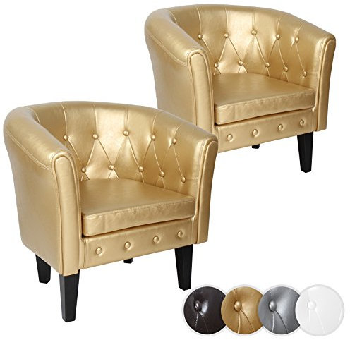 MIADOMODO® Chesterfield Sessel - aus Holz und Kunstleder, mit Kupfernieten und Rautenmuster, Farbwahl, 1er oder 2er - Loungesessel, Clubsessel, Armsessel, Cocktailsessel (Gold, 2er)