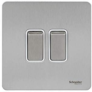 Schneider Electric Ultimate Screwless Flat Plate - Double 2 Way Rocker Light Switch Single Pole, 16AX, GU1422WSS, Stainless Steel with White Insert, 2 Gang