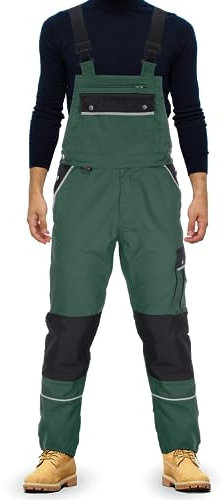 TMG® | Lange Arbeitslatzhose Herren, Grüne Latzhose mit Kniepolstertaschen aus Cordura, viel Stauraum, robust | 48