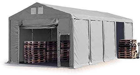 Tente de Stockage Industriel 5x10 m Hangar 3m de Hauteur de côté bâche PVC 850 N, Gris, 100% imperméable pour Toute l'année avec Porte à Traction