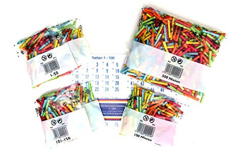 Röllchenlose Set Tombola-Komplettpaket S – 800 bunte Lose (200 Treffer + 600 Nieten) und 200 Nummernetiketten