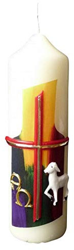Osterkerze mit KREUZ LAMM ALPHA und OMEGA 165 x 50 mm farbiges WACHSBILD für KIRCHE OSTERFEST oder HAUSGEBRAUCH von MaMeMi