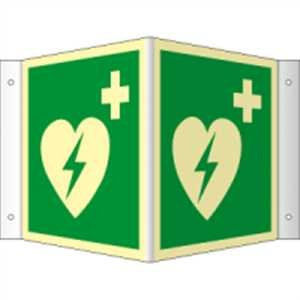 Winkelschild Automatisierter externer Defibrillator (AED) HIGHLIGHT PVC 20 x 20cm mit 4 Bohrungen à 3 mm Ø Leuchtdichte: HIGHLIGHT 48 mcd/m² gemäß ISO 7010, E010