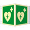 Winkelschild Automatisierter externer Defibrillator (AED) HIGHLIGHT PVC 20 x 20cm mit 4 Bohrungen à 3 mm Ø Leuchtdichte: HIGHLIGHT 48 mcd/m² gemäß ISO 7010, E010