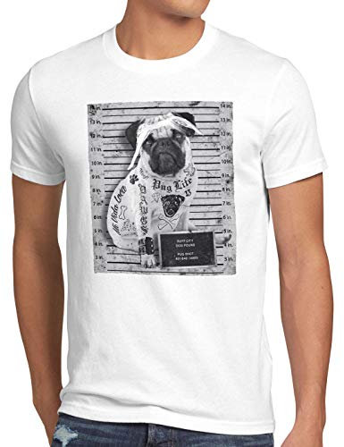 style3 Pug Tattoo T-Shirt Herren mops Hund Gangster Rock Motorrad Tattoed Biker usa, Größe:M, Farbe:Weiß