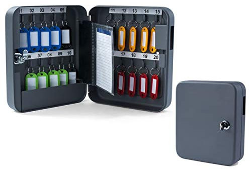 PAVO Schlüsselkasten für 20 Schlüssel inkl. Anhänger und seitl. Einwurfschlitz, grau