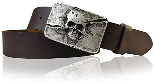 FRONHOFER Gürtel 4 cm Totenkopf Gürtelschnalle mattsilber Skull Koppelschnalle Totenkopf Gürtel 17614, Größe:Körperumfang 100 cm/Gesamtlänge 115 cm, Farbe:Mocca