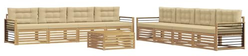 vidaXL Outdoor-Sofagarnitur mit Kissen 9 pcs Weiß und Beige Polyester, Garten Lounge Set, modernes Akazienholz Sofa, wetterfeste Möbel, Bequeme Terrassen Sitzgelegenheit