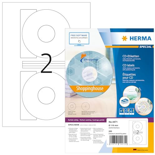 HERMA 4471 CD DVD Etiketten inkl. Zentrierhilfe blickdicht, 100 Blatt, Ø 116 mm, 2 pro A4 Bogen, 200 Stück, selbstklebend, bedruckbar, matt, blanko Papier Klebeetiketten Aufkleber, weiß