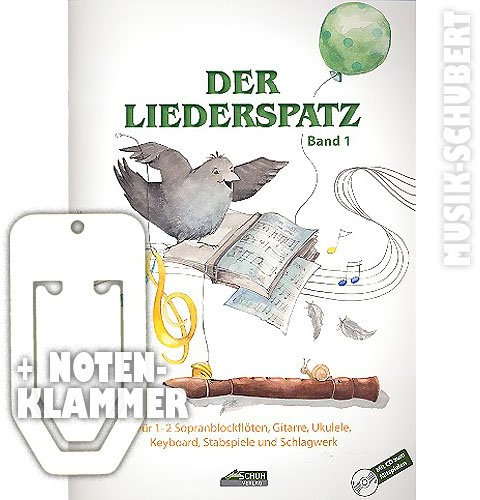 Der Liederspatz Band 1 (+CD) inkl. praktischer Notenklammer - 65 bekannte alte und neue Lieder und Spielstücke für 1-2 Sopranblockflöten, Gitarre, Ukulele, Keyboard, Stabspiele und Schlagwerk (broschiert) von Karin Schuh (Noten/Sheetmusic)
