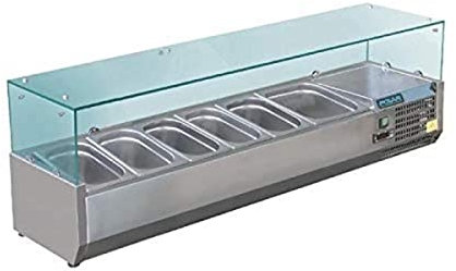 Polar Refrigeration G-Series 150W Countertop Food Prep Fridge with Glass Surround, Stainless Steel, 2°C to 8°C, 435(H)x1500(W)x395(D)mm, Capacity: 5x 1/3 & 1x 1/2 GN Pans (Sold Separately) | GD876