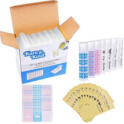Tubetti Balsamo Labbra - Confezione da 50 - Fai-Da-Te - Traslucidi - 5.5 ml - Include 50 Adesivi Scrivibili e 50 Stampati - Tappo e Meccanismo a Torsione - Vuoti - Crea Balsamo Labbra Naturale