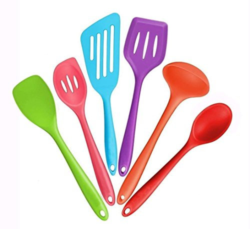 Hompow 6 Max Bessmate 6 Pièces de Cuisson en Silicone – 2 tourneur, 2 Cuillères, 1 spatule Cuillère/Spatule et 1 Louche – Résistant à la Chaleur Ustensiles de Cuisine ¡ Multicolore