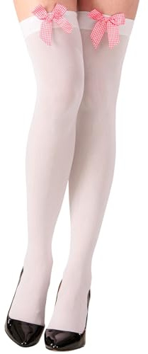 Widmann - Halterlose Strümpfe, 70 DEN, Weiß, mit Schleife in Vichy Rosa, Zimmermädchen, Karneval, Mottoparty