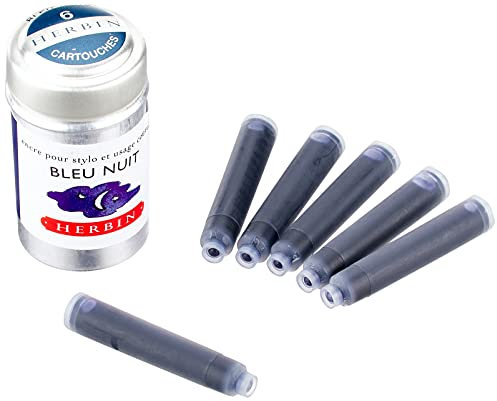 Jacques Herbin - Ref 20119T - Universal Writing Snap-In Ink Cartridges - Bleu Nuit / Midnight Blue - Cylindrical Metal Pot of 6 Cartridges - Blue-Coloured Ink