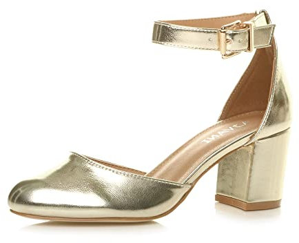 Womens Ladies Low mid Block Heel Ankle Strap Court Shoes Sandals, Gold Metallic, 4 UK