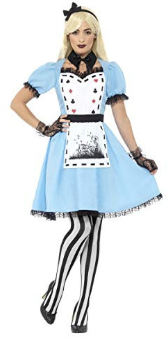Smiffys Deluxe Dark Tea Party Costume, with Dress, Blue Attached Apron, Collar, Tights & Headband, Fairytale, Wings and Wands Fancy Fancy Dress, Adult Dress Up Costumes