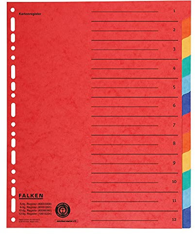 Original Falken Karton-Register überbreit für DIN A4+ 24,5 x 30 cm volle Höhe mit Organisationsdruck 12-teilig vollfarbig 2 x 6 Farben zur Ablage von Prospekthüllen
