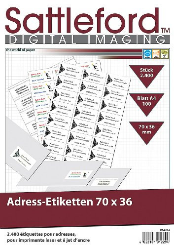 Sattleford Klebeetiketten: 2400 Adress-Etiketten 70x36 mm Universal für Laser/Inkjet (Selbstklebende Etiketten, Aufkleber, Druckerpapier)