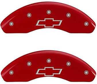 MGP Caliper Covers 14239SBOWRD Bremssattelabdeckung, rote Pulverbeschichtung, vorne und hinten, Set mit 4 Stück (silberfarbene Schleife, graviert)