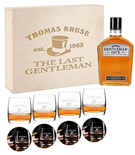 Privatglas 10-TLG Whiskey Set 4 Gläser mit Gravur, 4 Untersetzer, 0,7l Whisky + Holz-Schatulle