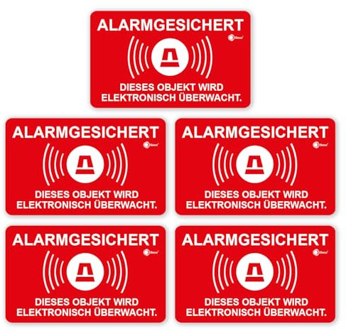 5er Aufkleber-Set XL Alarm-gesichert 16,7 x 10 cm - rot-weiß Achtung Objekt wird elektronisch überwacht außenklebend wetterfest Fenster Tür - hin077