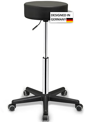 1stuff Profi Rollhocker Squash 35 - ca. 66-88 cm Höhe - extra hoher Drehhocker - Stehhilfe - robuster Praxis-Hocker - Barhocker mit Rollen gebremst - Laborhocker Schwarz