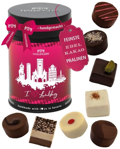 Hallingers Genuss Manufaktur Pralinen Geschenk - ohne Alkohol, handmade aus Confiserie-Edelkakao in wertiger Geschenkdose I love Landsberg, Geschenkidee für Frauen Männer