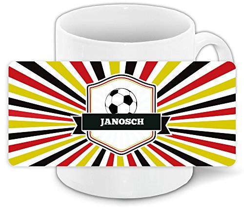 Fußball-Tasse mit Namen Janosch und schönem Motiv mit Wappen, Ball und Strahlen in schwarz-rot-gold - Fantasse - Deutschland-Tasse - Namenstasse