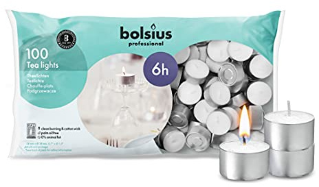 BOLSIUS Teelichter Kerzen Großpackung mit weißen, geruchlosen Kerzenlichtern mit 6 Stunden Brenndauer Teekerzen für Hochzeit, Zuhause, Partys und besondere Anlässe (100 Stück)