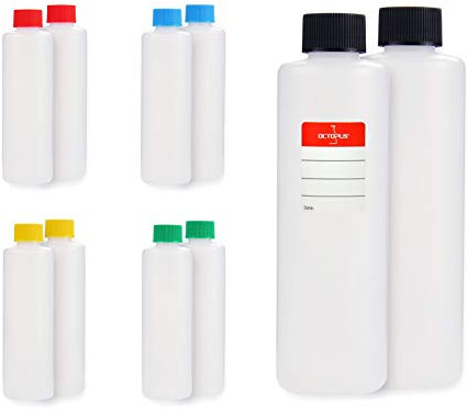 Bouteilles en plastique Octopus 10 x 250 ml, bouteilles en plastique PE-HD avec bouchon à vis de couleur vive,rond bouteilles vides avec bouchons à vis colorés, bouteilles rondes. Dix étiquettes incluses.